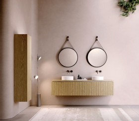 Double Vasque à poser Porcelaine + Meuble en Chêne Massif Design 3D | 2 Tiroirs