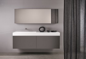 Vasque Solid Surface + Meuble Suspendu en MDF - 2 Tiroirs Alignés | 3324