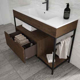 Meuble sur base Metállique en Wood Chêne Massif - 1 Tiroir + Plan Vasque Corian® | 850